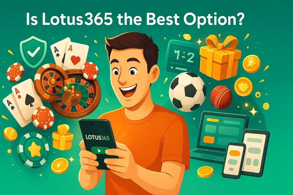 Happy player using Lotus365 on mobile with poker chips, sports balls, and reward icons, representing secure, user-friendly, and diverse online games.