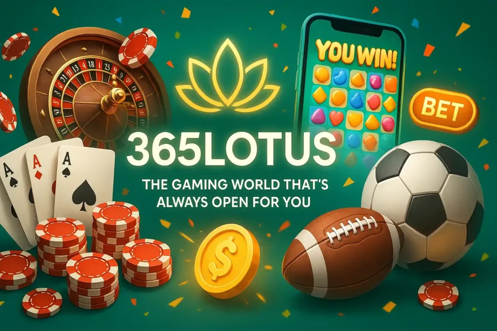 Lotus365 gaming platform with vibrant collage of casino, sports, and casual games, showcasing easy login, secure play, and rewards on all devices.