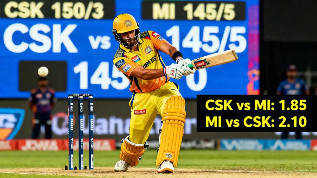 IPL cricket match in action showing batting, wickets, and live odds