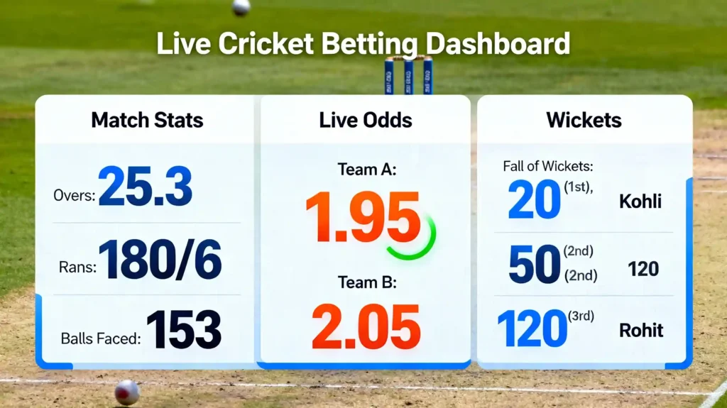 Live cricket betting dashboard with real-time odds and match statistics
