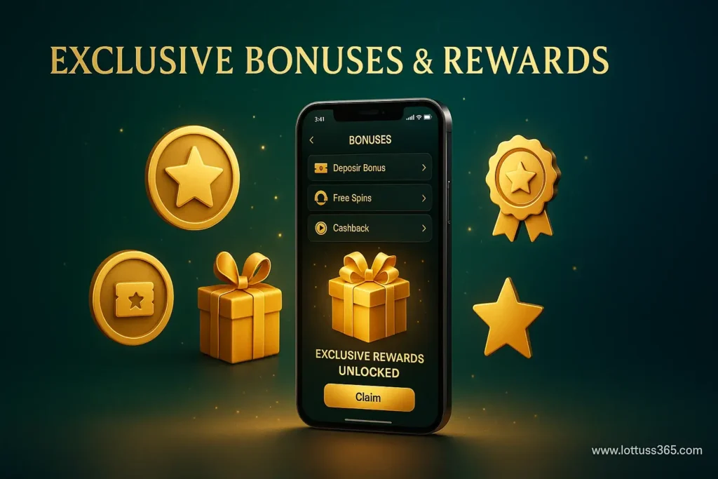 Exclusive rewards banner showing bonus dashboard with gold reward icons.