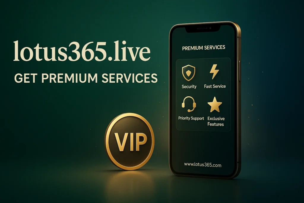 lotus365.live premium services banner with smartphone showing security, fast service, priority support, and exclusive features