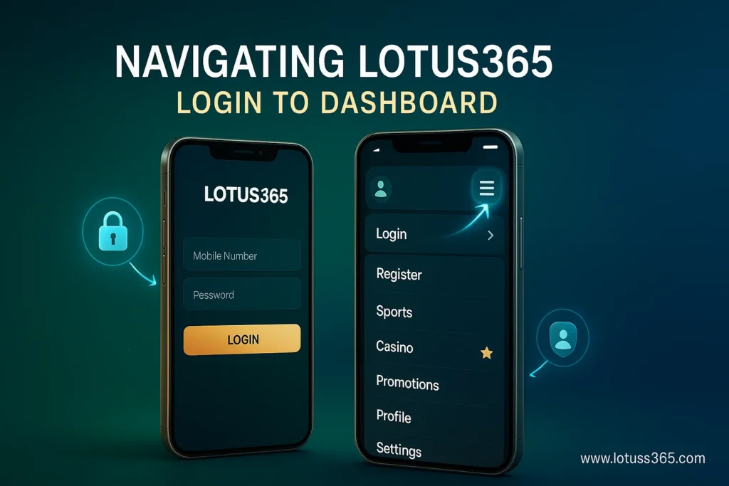 Two smartphones showing Lotus365 login page and main menu navigation.