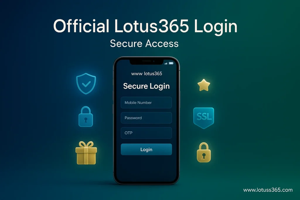 The official www Lotus365 login screen showing secure mobile and OTP access.