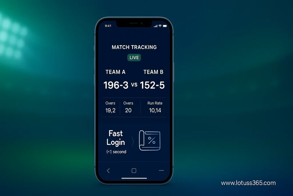 Mobile App Interface – Shows live betting dashboard with IPL match of lotus365 india