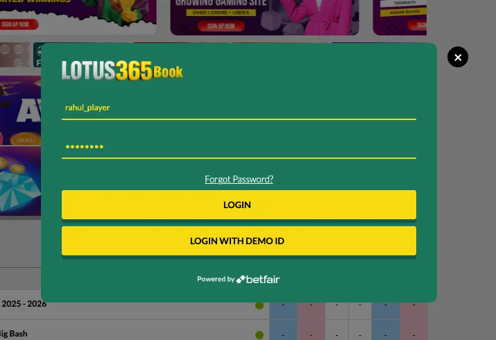 Lotus365 login form showing username and password input fields